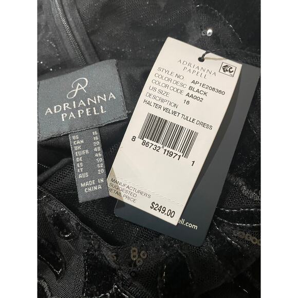 Adrianna Papell Halter Velvet Tulle Black Dress Plus Sz. 16 NWT Embroidered Chic - Picture 13 of 14
